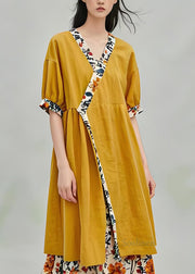 Loose Yellow V Neck Print Patchwork Cotton Dresses Summer