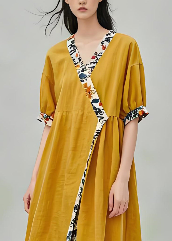 Loose Yellow V Neck Print Patchwork Cotton Dresses Summer