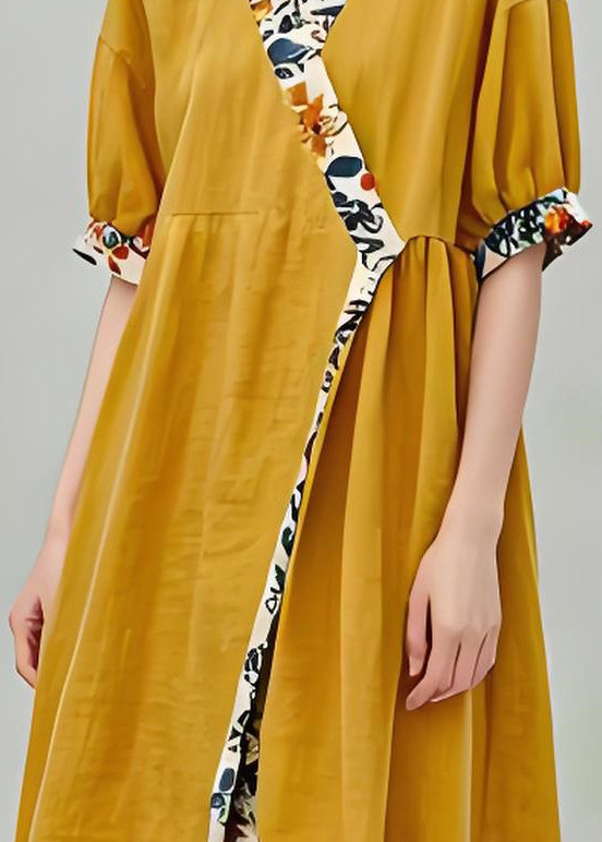 Loose Yellow V Neck Print Patchwork Cotton Dresses Summer