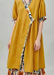 Loose Yellow V Neck Print Patchwork Cotton Dresses Summer