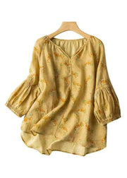 Loose Yellow V Neck Print Patchwork Cotton Shirts Bracelet Sleeve