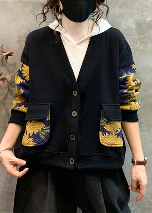 Loose Yellow V Neck Print Pockets Warm Fleece Coat Fall