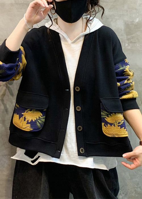 Loose Yellow V Neck Print Pockets Warm Fleece Coat Fall