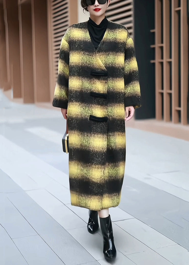 Loose Yellow V Neck Striped Woolen Long Coats Winter