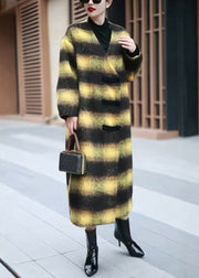 Loose Yellow V Neck Striped Woolen Long Coats Winter