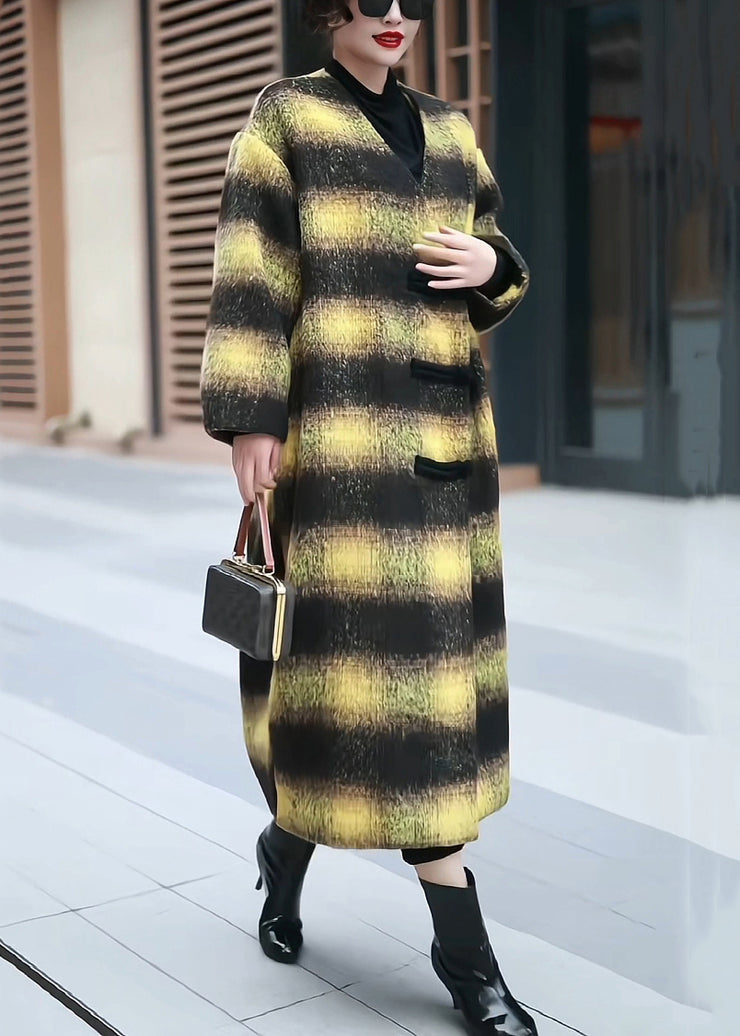 Loose Yellow V Neck Striped Woolen Long Coats Winter