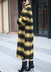 Loose Yellow V Neck Striped Woolen Long Coats Winter