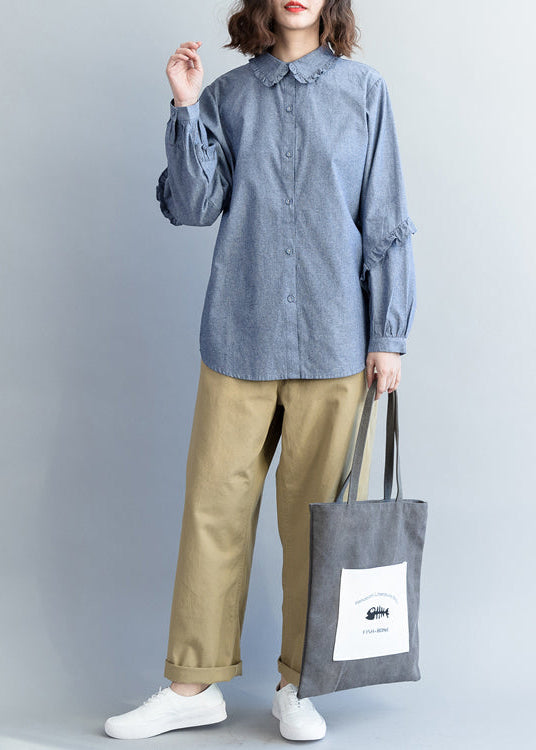 Loose cotton tops women plus size Turn-down Collar Sleeve light denim blue short shirts