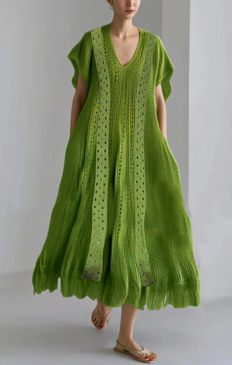 Grace Green V Neck Tasseled Hollow Out Knit Dress Summer