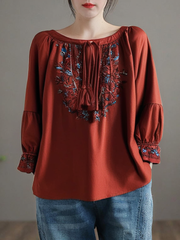 Grace Red Embroidered Lace Up Cotton Shirt Long Sleeve