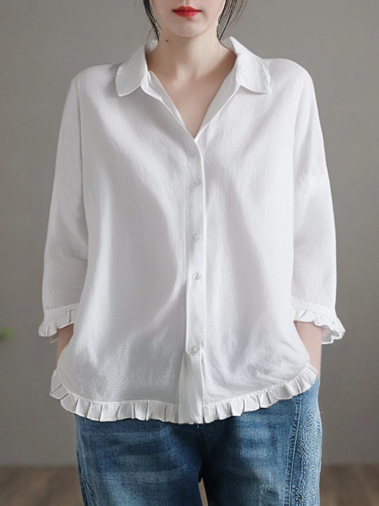 Grace White Ruffled Button Solid Cotton Shirt Summer