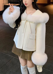 Lose White Fur Collar Lace Up Pockets Woolen Coat Winter