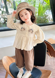 Lovely Apricot Shirts And Coffee Crop Pants Cotton Girls Two Pieces Set Flare Sleeve