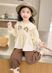 Lovely Apricot Shirts And Coffee Crop Pants Cotton Girls Two Pieces Set Flare Sleeve