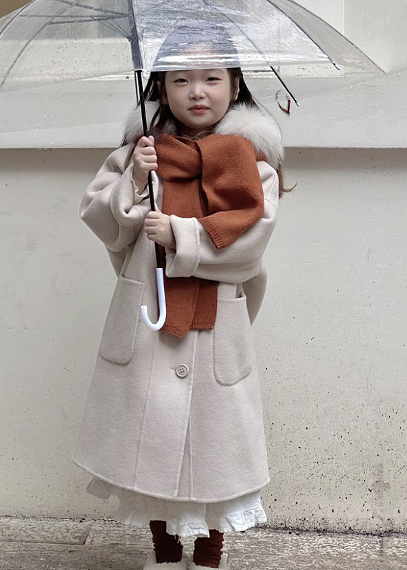 Lovely Beige Button Woolen Kids Hoodie Maxi Coat Fall