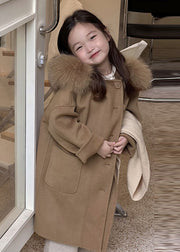 Lovely Beige Button Woolen Kids Hoodie Maxi Coat Fall