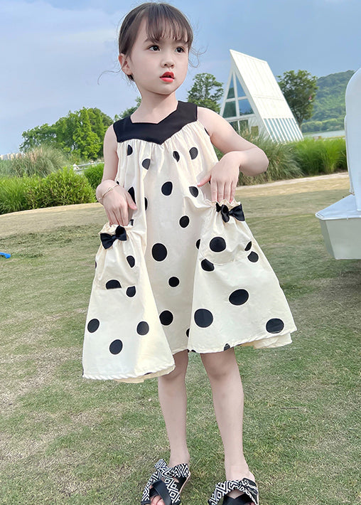 Lovely Beige Lace Up Print Pockets Cotton Girls Dresses Sleeveless