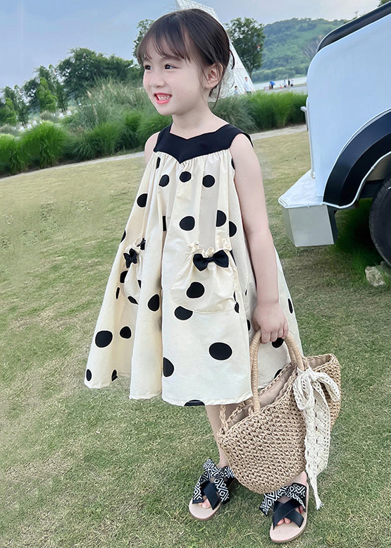 Lovely Beige Lace Up Print Pockets Cotton Girls Dresses Sleeveless