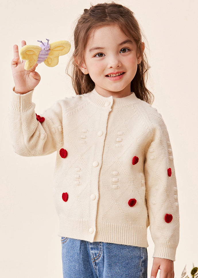 Lovely Beige O-Neck Button Cotton Knit Kids Sweaters Spring