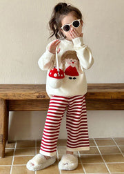 Lovely Beige O-Neck Character Kids Cotton Knit Sweaters And Flare Trousers Two Pieces Set Spring