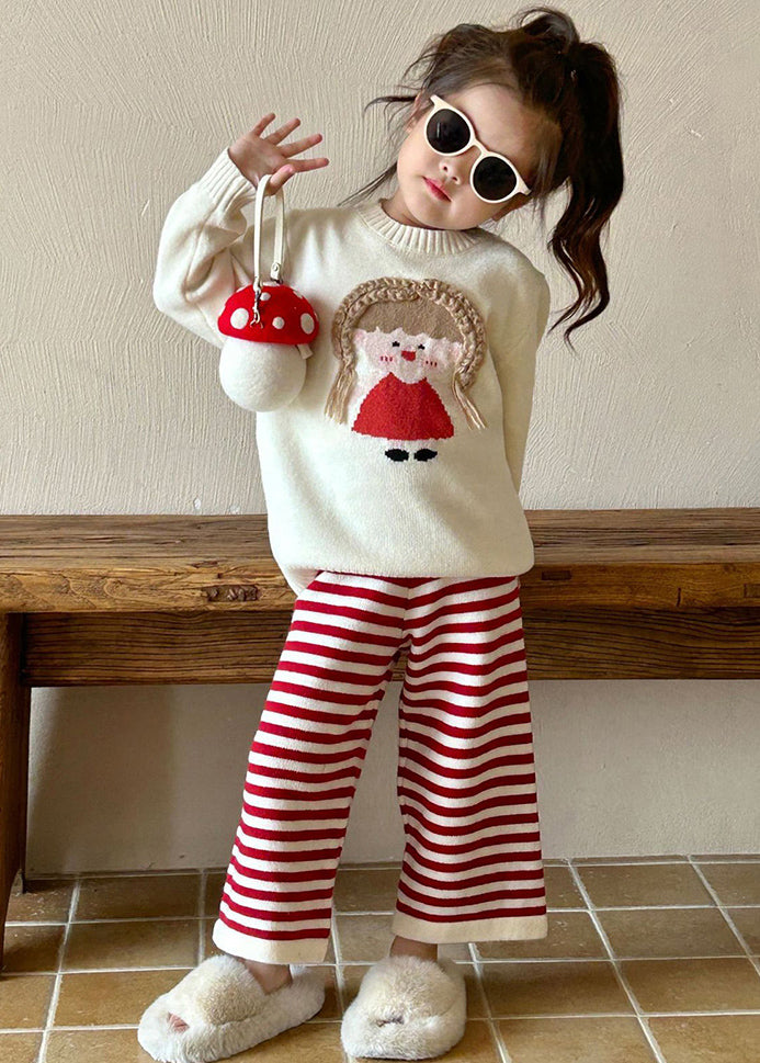 Lovely Beige O-Neck Character Kids Cotton Knit Sweaters And Flare Trousers Two Pieces Set Spring