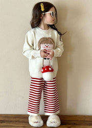 Lovely Beige O-Neck Character Kids Cotton Knit Sweaters And Flare Trousers Two Pieces Set Spring