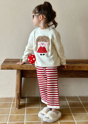 Lovely Beige O-Neck Character Kids Cotton Knit Sweaters And Flare Trousers Two Pieces Set Spring