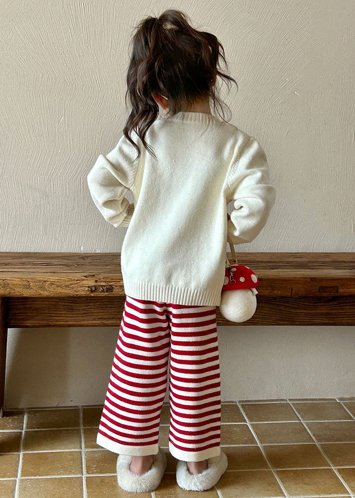 Lovely Beige O-Neck Character Kids Cotton Knit Sweaters And Flare Trousers Two Pieces Set Spring