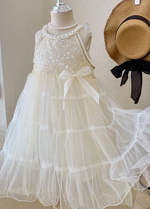 Lovely Beige Sequins Nail Bead Wrinkled Patchwork Tulle Baby Girls Princess Dress Summer