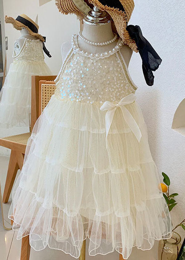 Lovely Beige Sequins Nail Bead Wrinkled Patchwork Tulle Baby Girls Princess Dress Summer