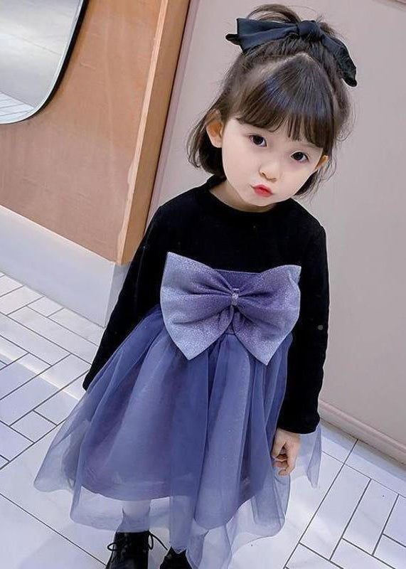 Lovely Black O Neck Tulle Bow Patchwork Warm Fleece Kids Girls Dresses Fall