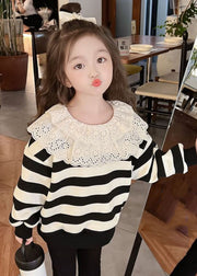 Lovely Black White Striped Hollow Out Kids Top Fall