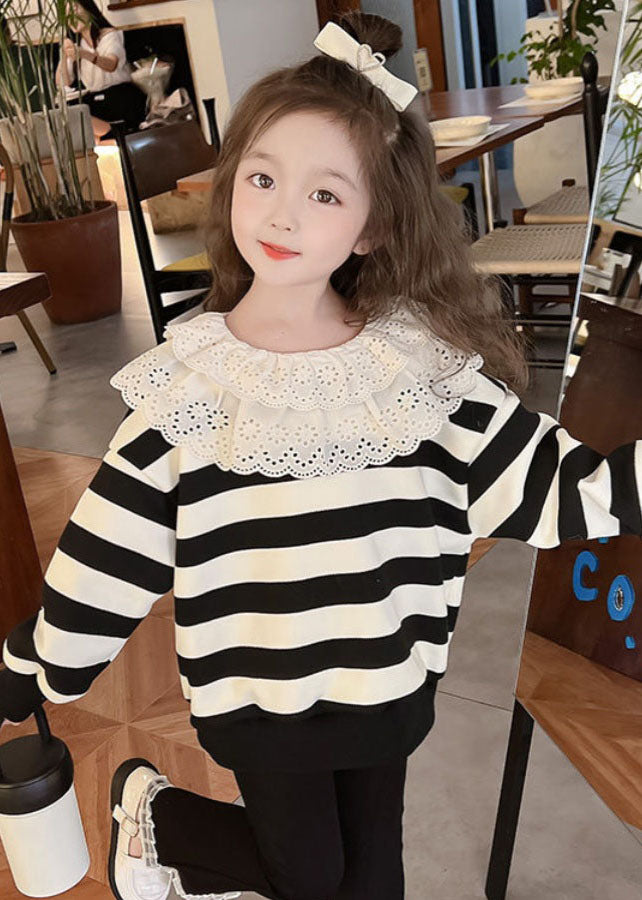 Lovely Black White Striped Hollow Out Kids Top Fall