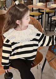 Lovely Black White Striped Hollow Out Kids Top Fall