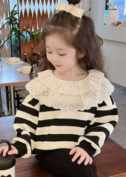 Lovely Black White Striped Hollow Out Kids Top Fall