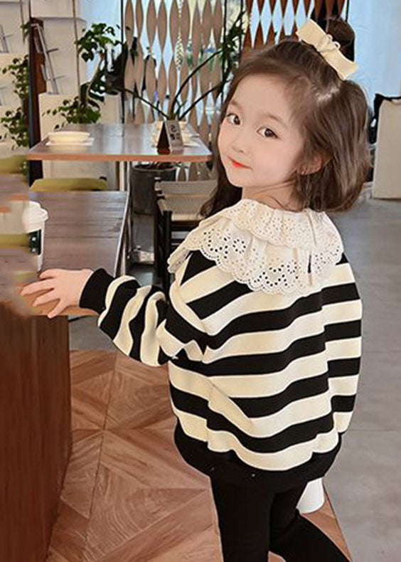 Lovely Black White Striped Hollow Out Kids Top Fall