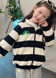 Lovely Black White Striped Pockets Girls Hoodies Coats Fall