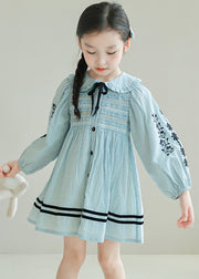 Lovely Blue Embroideried Floral Striped Cotton Kids Long Dresses Long Sleeve