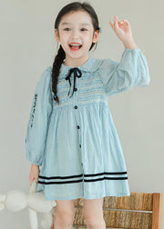 Lovely Blue Embroideried Floral Striped Cotton Kids Long Dresses Long Sleeve