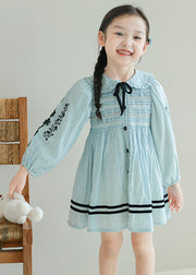 Lovely Blue Embroideried Floral Striped Cotton Kids Long Dresses Long Sleeve