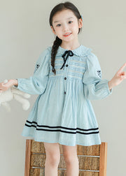 Lovely Blue Embroideried Floral Striped Cotton Kids Long Dresses Long Sleeve