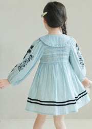 Lovely Blue Embroideried Floral Striped Cotton Kids Long Dresses Long Sleeve