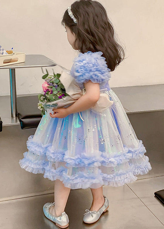 Lovely Blue O-Neck Sequins Patchwork Tulle Kids Maxi Dress Short Sleeve