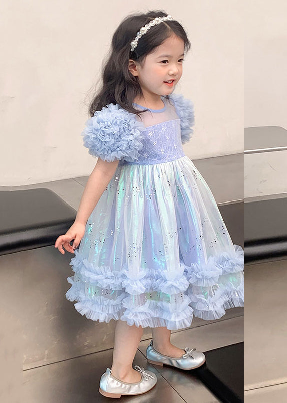 Lovely Blue O-Neck Sequins Patchwork Tulle Kids Maxi Dress Short Sleeve