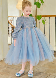 Lovely Blue O-Neck Tulle Patchwork Kids Long Dresses Fall