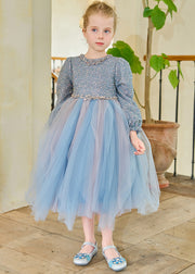 Lovely Blue O-Neck Tulle Patchwork Kids Long Dresses Fall