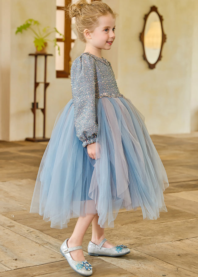 Lovely Blue O-Neck Tulle Patchwork Kids Long Dresses Fall