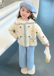 Lovely Blue Peter Pan Collar Patchwork Knitted Cotton Girls Cardigans And Crop Pants Two Piece Set Spring