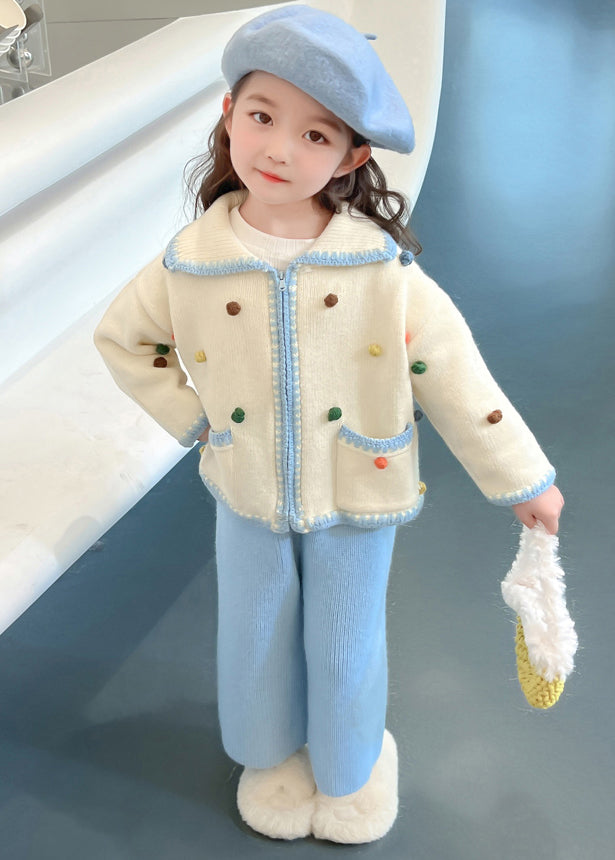 Lovely Blue Peter Pan Collar Patchwork Knitted Cotton Girls Cardigans And Crop Pants Two Piece Set Spring