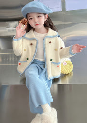 Lovely Blue Peter Pan Collar Patchwork Knitted Cotton Girls Cardigans And Crop Pants Two Piece Set Spring